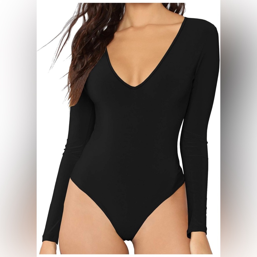NWT MANGDIUP Women's V-Neck Long Sleeve Bodysuit for Women